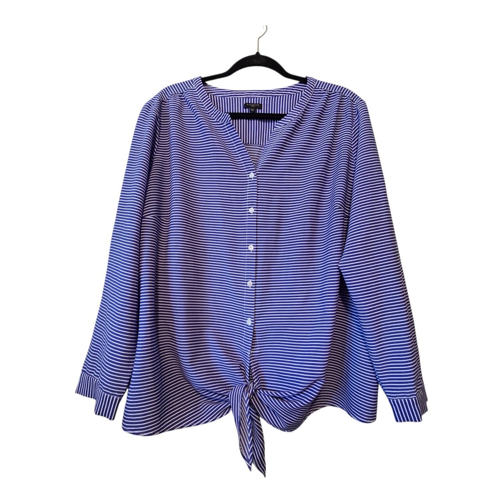 Talbots‎ Blue White Stripe Tie Waist Button Blouse Top Womens 2X Plus Preppy